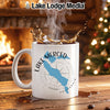 White mug with Lake Merced, California map design and compass rose.