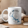White mug with Lake Wateree graphic and compass rose.