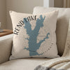 Map of Rend Lake, Illinois on a woven pillow with a compass design.