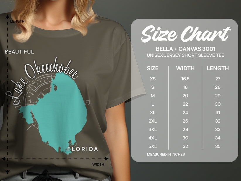 T-shirt size chart for Bella + Canvas 3001, with measurements for Lake Okeechobee graphic.