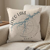 Decorative pillow with Hyco Lake map, compass rose, and text.