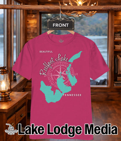 Pink t-shirt with a teal lake outline and compass rose graphic.