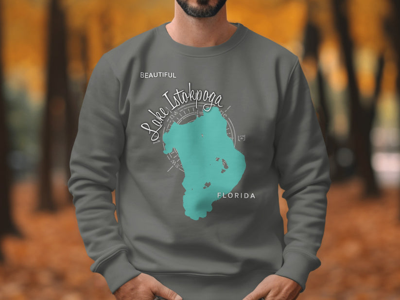 Gray sweatshirt with turquoise Lake Istokpoga and Florida map design.