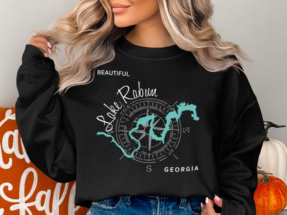 Black sweatshirt with compass rose and Lake Rabun, Georgia map graphic.