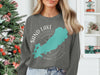 Gray sweatshirt with teal Sand Lake shape and compass graphic.