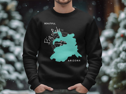 Black sweatshirt with turquoise "Big Lake Arizona" map design on chest.