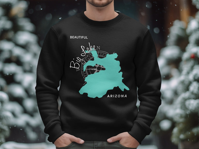 Black sweatshirt with turquoise "Big Lake Arizona" map design on chest.