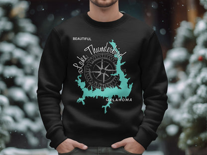 Black sweatshirt with Lake Thunderbird Oklahoma map and compass design.