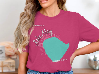 Pink t-shirt with "Lake Mary Beautiful MINNESOTA" and lake outline graphic.