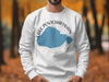 White sweatshirt with blue outline of Lake Pontchartrain and Louisiana text.