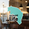 Turquoise map-shaped sticker with "garibaldi life" text, © Lake Lodge Media LLC.