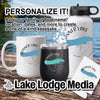 Donner Lake mug, tumbler, bottle, and coozy with compass and lake outline design.