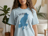 Light blue t-shirt with a blue map outline of Lake Tiorati, New York.