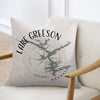 Decorative pillow with Lake Greeson Arkansas map and compass design.