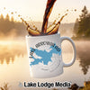 White mug with Lake Arrowhead map and compass design.