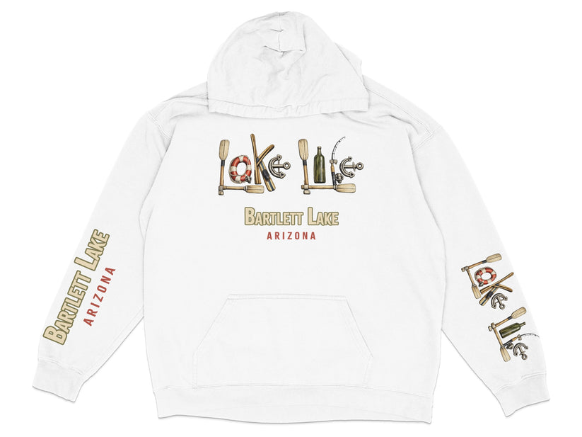 White hoodie with "Lake Life" graphic and "Bartlett Lake Arizona" text.