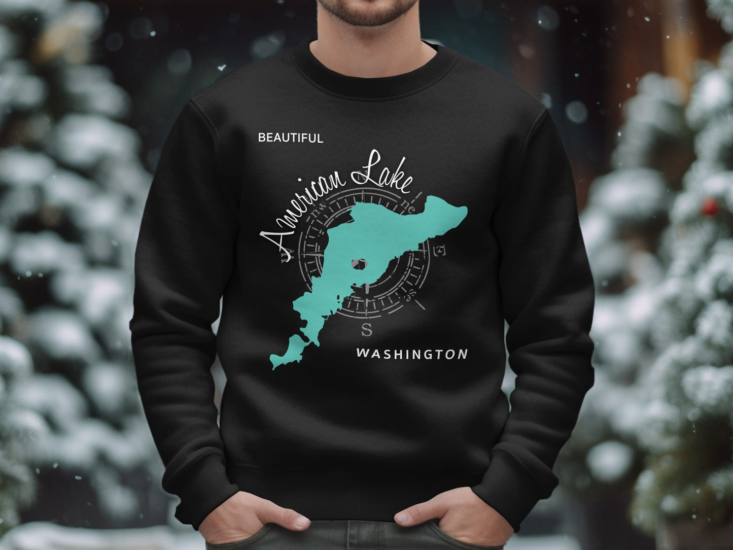 Black sweatshirt with "American Lake Washington" and compass graphic.