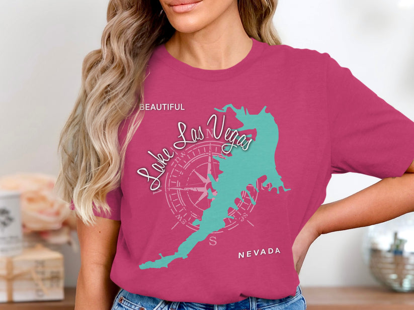 Pink t-shirt with turquoise Lake Las Vegas, Nevada outline and compass rose.