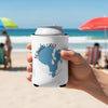 White can cooler with blue Sebago Lake, Maine map and compass rose detail.