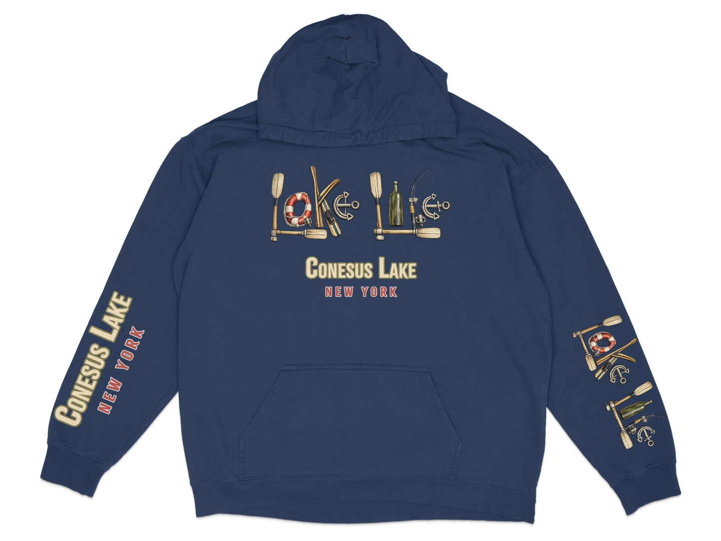 Navy hoodie with Conesus Lake, New York graphic on chest and sleeves.