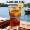 Iced tea in a glass with "Lake Murray" and a lake map design, garnished with lemon.