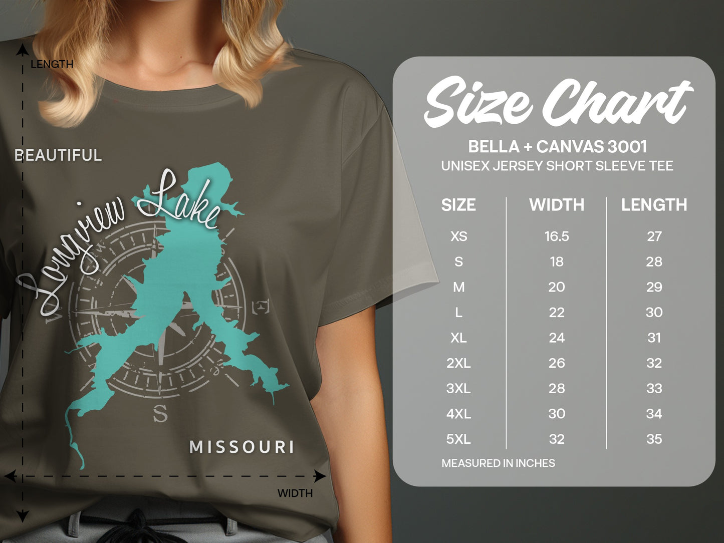 Size chart for a Longview Lake Missouri t-shirt, Bella + Canvas 3001.
