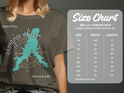 Size chart for a Longview Lake Missouri t-shirt, Bella + Canvas 3001.