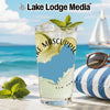 Glass with lime and mint drink, map of New Hampshire, and beach scene.