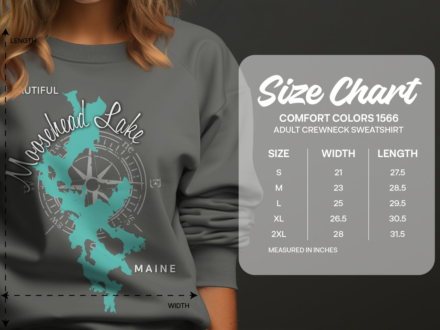 Moosehead Lake graphic on adult crewneck sweatshirt size chart.