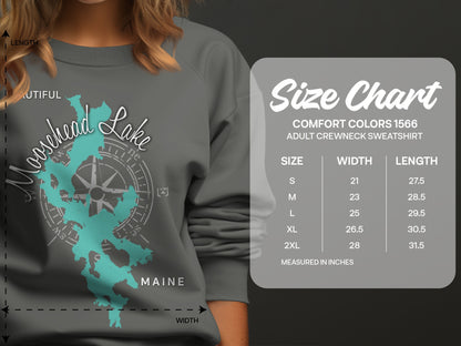 Moosehead Lake graphic on adult crewneck sweatshirt size chart.
