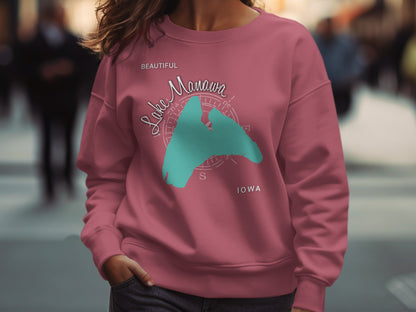 Pink sweatshirt with a teal graphic of Lake Manawa, Iowa.
