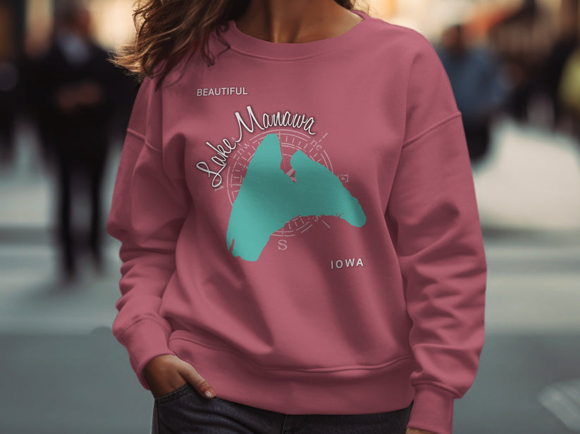 Pink sweatshirt with a teal graphic of Lake Manawa, Iowa.