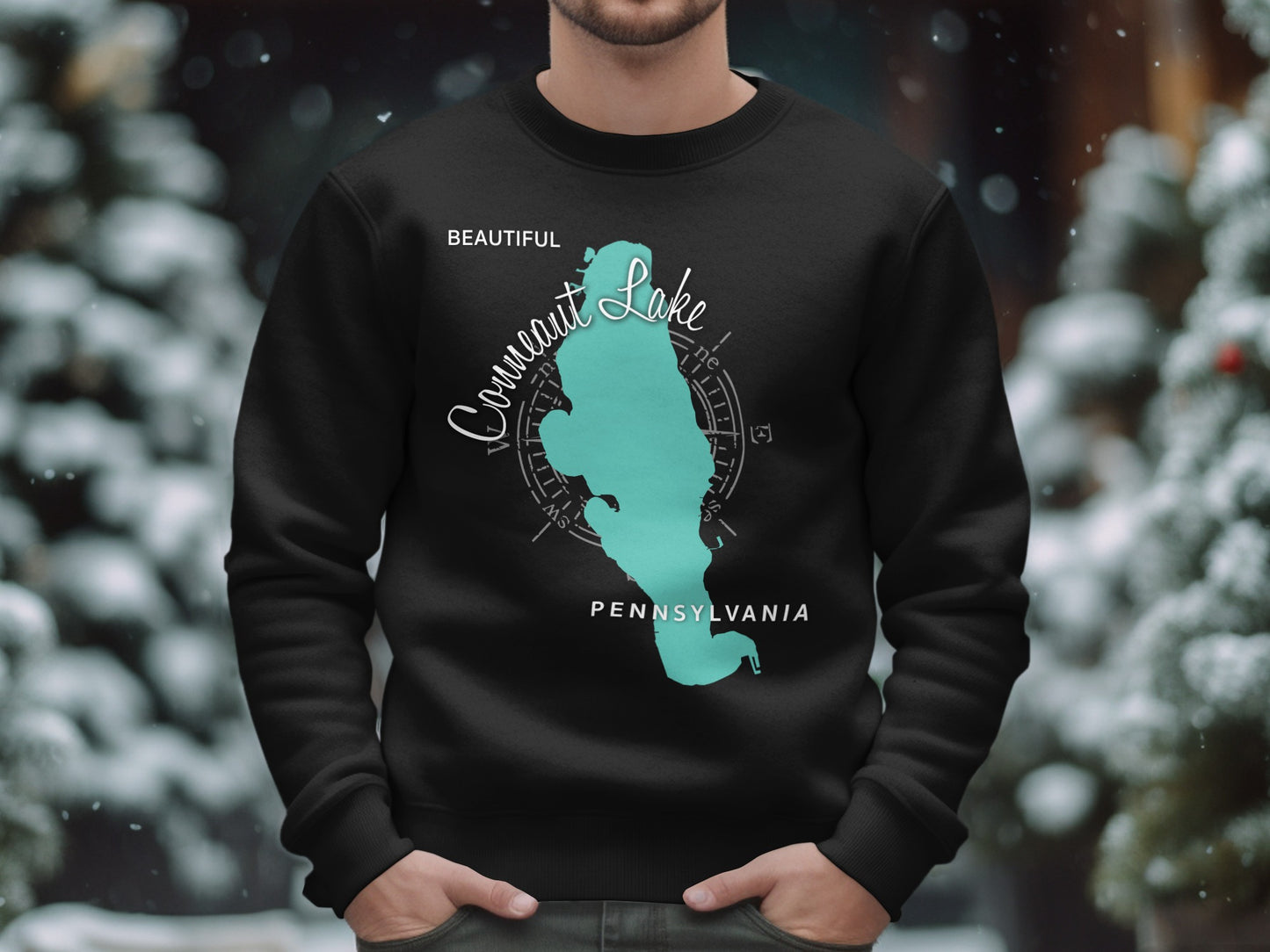 Black sweatshirt with a teal map outline of Conneaut Lake, Pennsylvania.
