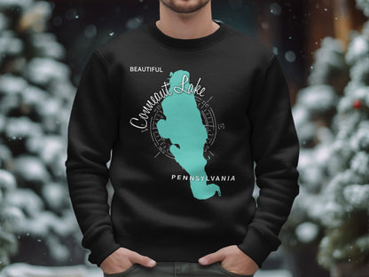 Black sweatshirt with a teal map outline of Conneaut Lake, Pennsylvania.