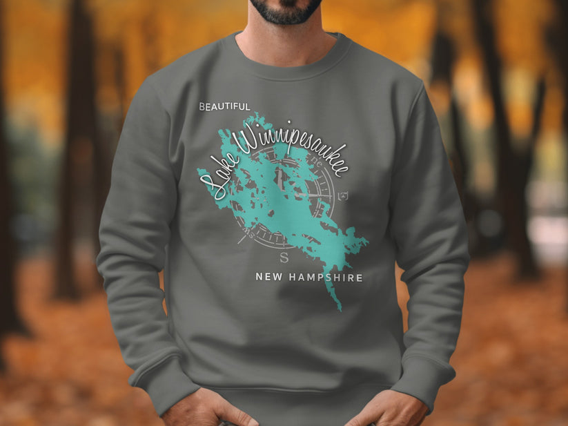 Dark gray sweatshirt with "Beautiful Lake Winnipesaukee New Hampshire" and compass graphic.