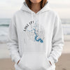 White hoodie with Lake LBJ Texas map and compass graphic.