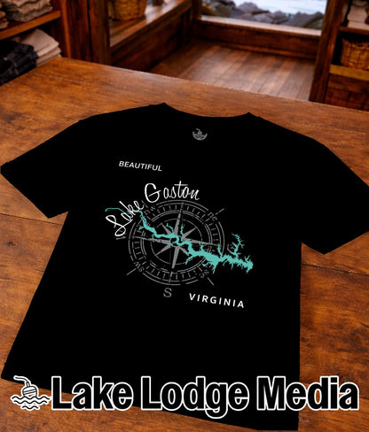 Black t-shirt with "Beautiful Lake Gaston Virginia" map and compass design.