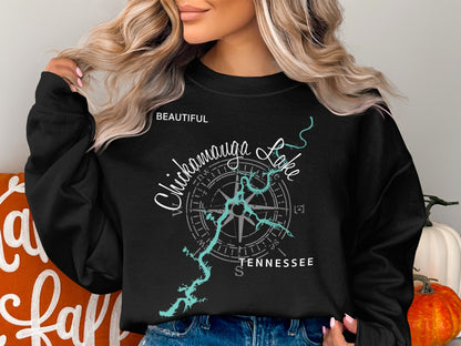 Black sweatshirt with compass and "Chickamauga Lake Tennessee" graphic.