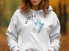 White hoodie with Kerr Lake Virginia map graphic and compass design.