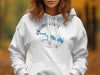 White hoodie with Rathbun Lake Iowa compass graphic and map.
