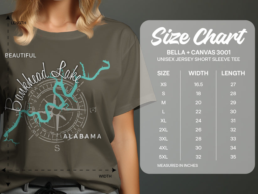 T-shirt size chart for Bella + Canvas 3001 unisex short sleeve tee.