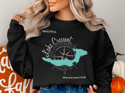 Black sweatshirt with a compass rose and map of Lake Crescent, Washington.