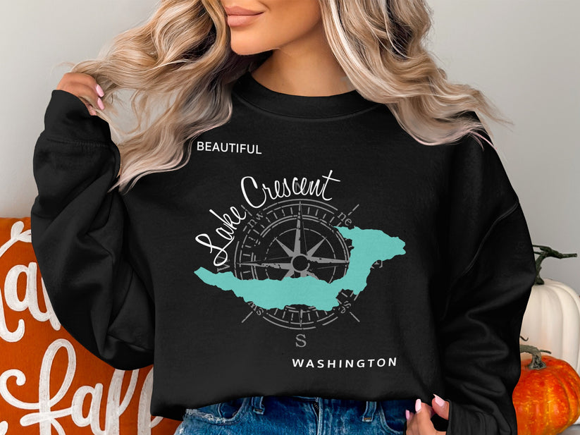 Black sweatshirt with a compass rose and map of Lake Crescent, Washington.