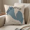 Throw pillow with Lake Almanor California map graphic and compass rose.