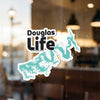 Douglas Life sticker with turquoise lake outline and copyright.