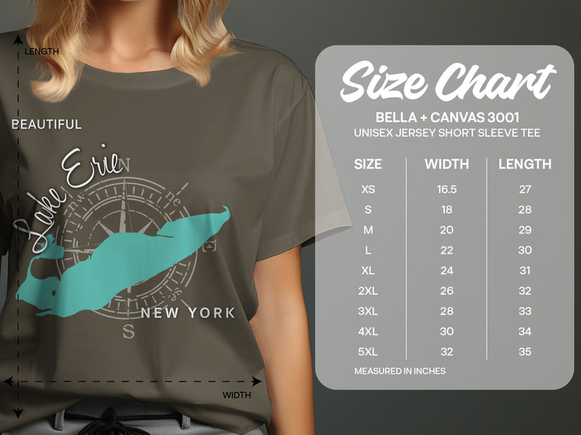 T-shirt size chart with "Lake Erie" graphic and dimensions in inches.