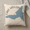 Cream pillow with blue Lake Gregory California map and compass graphic.