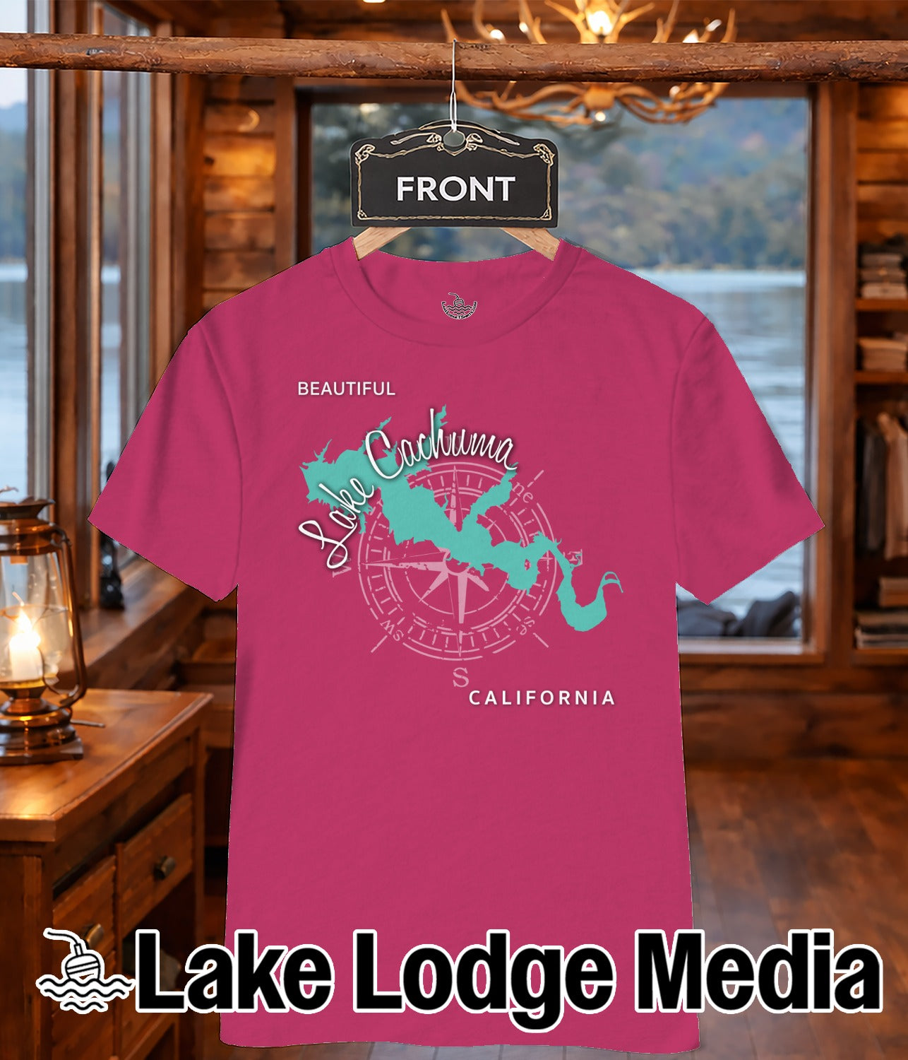 Pink t-shirt with a teal Lake Cachuma, California graphic and compass rose.