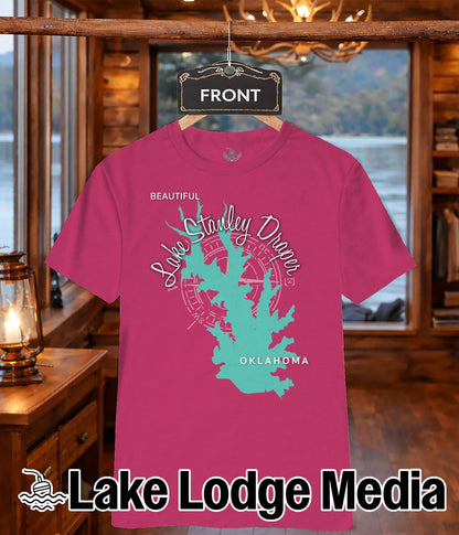 Pink t-shirt with Lake Stanley Draper Oklahoma map and compass.