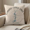 Flaming Gorge Lake Wyoming map and compass design on a light-colored throw pillow.